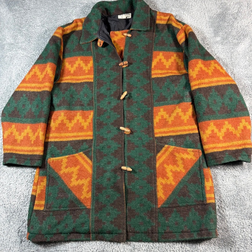 VTG 80s Toggle Coat Men‎ Medium Aztec Southwestern Wool Blend Angel Fashions